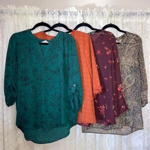BUNDLE OF 4 Women's Work Office Blouse Tops Large 3/4 Sleeve Printed Business
